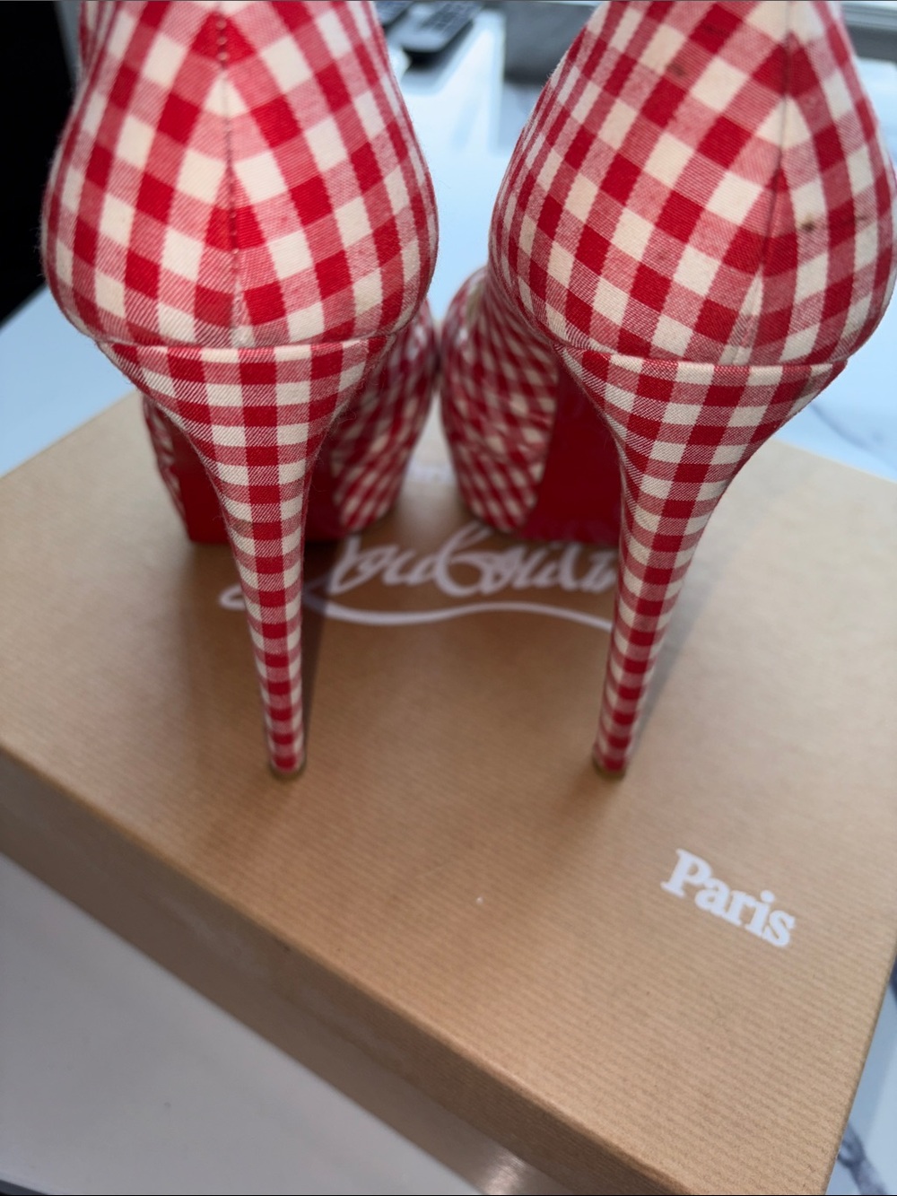Christian Louboutin Red and White Gingham Peep-Toe Knot Pumps - Picture 12 of 12